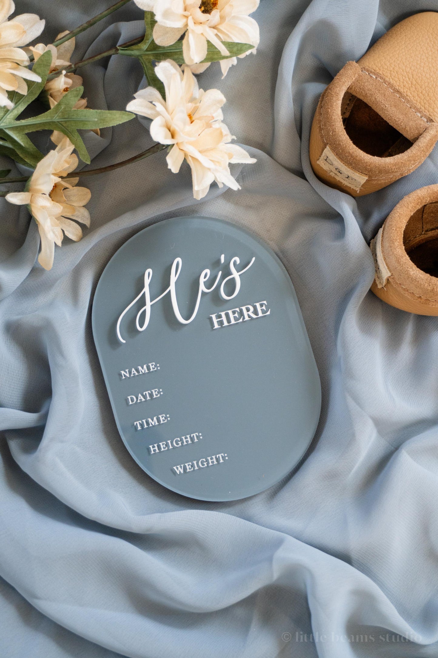 Acrylic He's Here Birth Stats Baby Announcement Sign