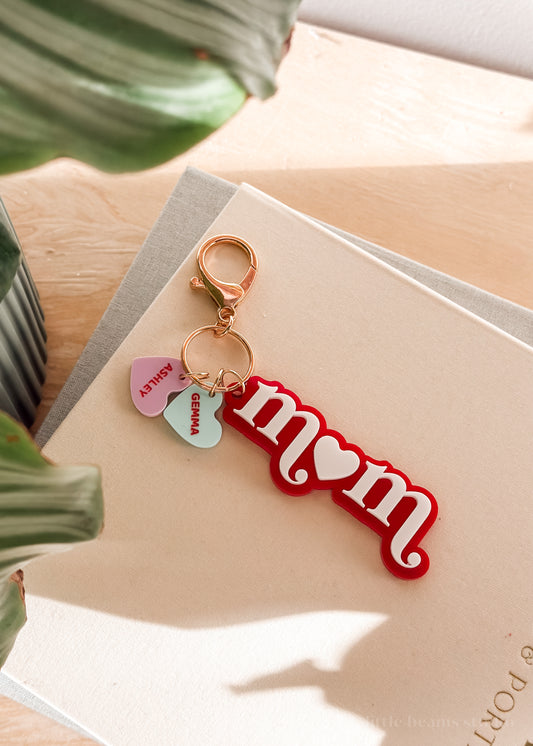 Personalized Mom Keychain with Heart Charms - Red/White
