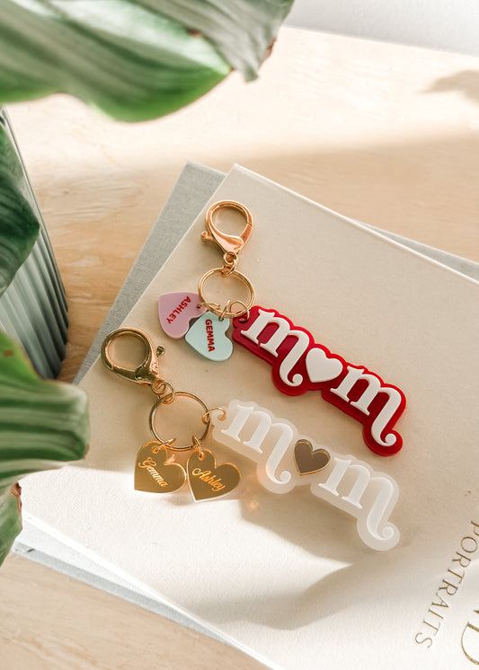 Personalized Mom Keychain with Heart Charms - Red/White
