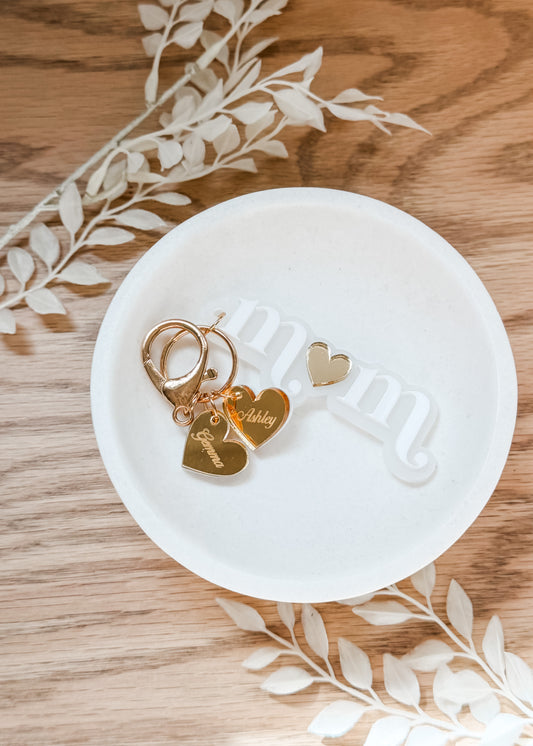 Personalized Mom Keychain with Heart Charms - White/Gold