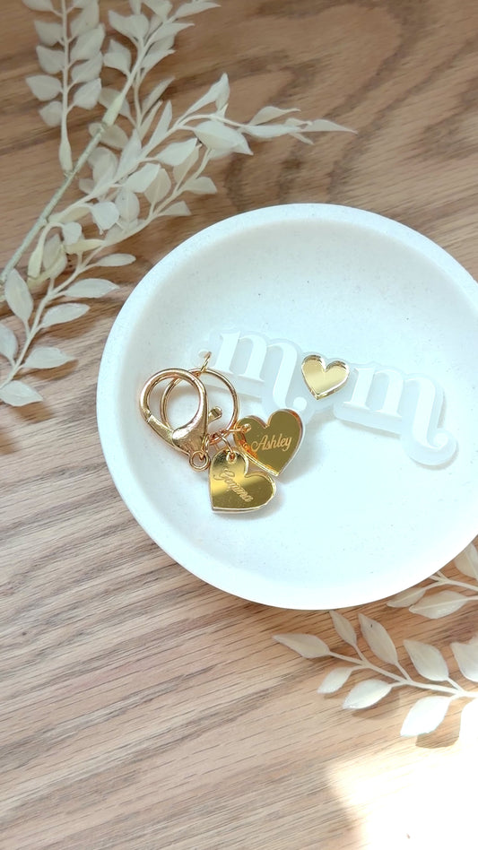 Personalized Mom Keychain with Heart Charms - White/Gold